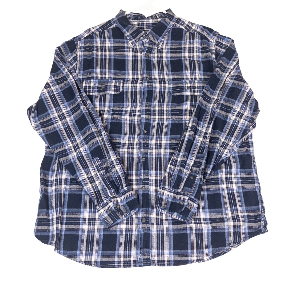 Faded Glory Mens 2XLT Blue Plaid Flannel Button Down Shirt Tall 100% Cotton